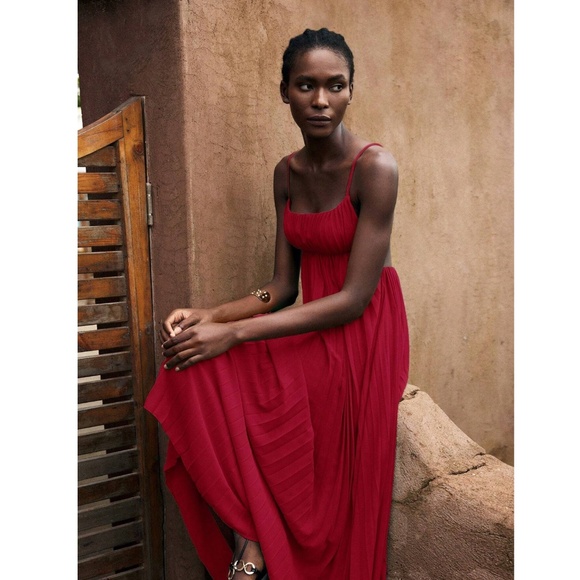 Red Pleated Maxi Babydoll Dress Open Back Flowy Skirt Tie Straps Lined - Picture 6 of 10